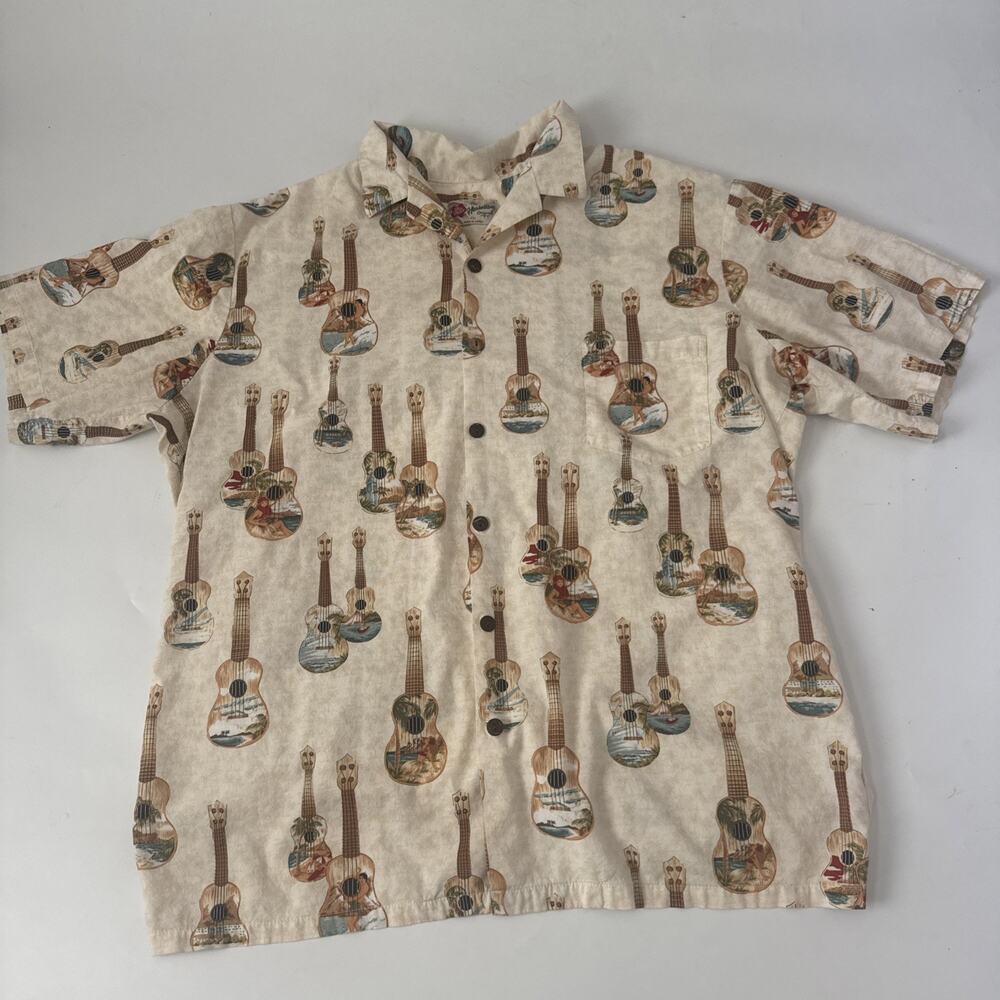 Vintage Hilo Hattie Original Hawaiian Shirt 2XL Ukelele Guitar Tropical Camp